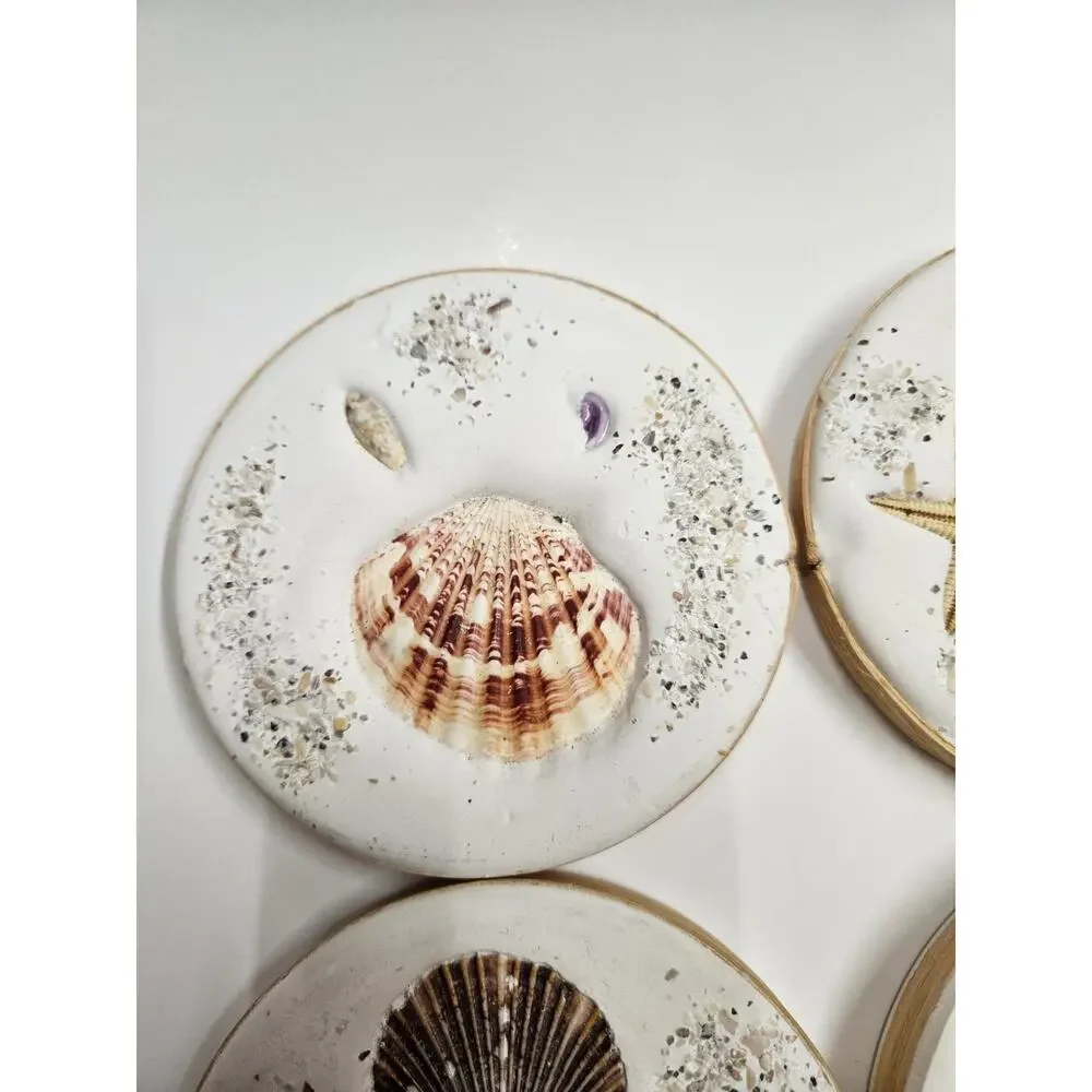 4 Beach Coasters Coastal Decor Seashells Sand Sea Glass 4.25” Round Cork Back